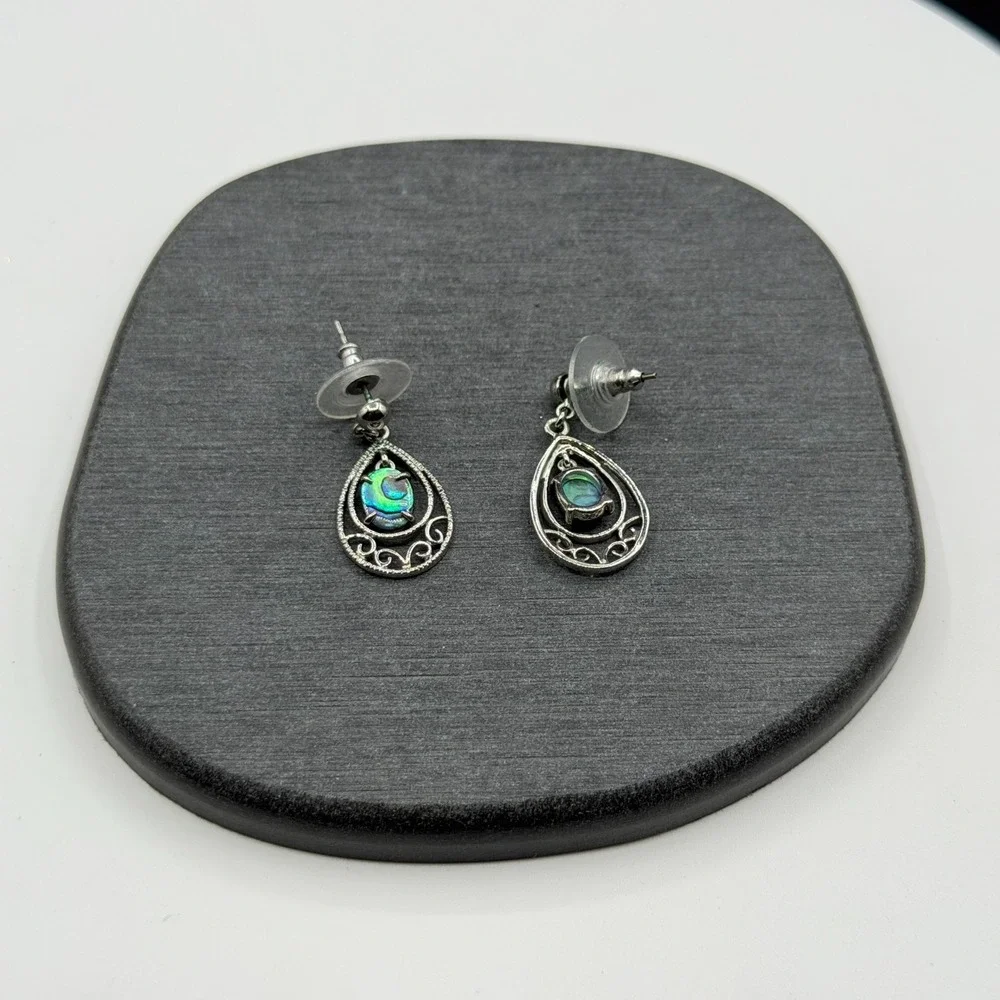 Abalone Shell Teardrop Dangle Earrings Silver Tone Scroll Drop Boho Jewelry